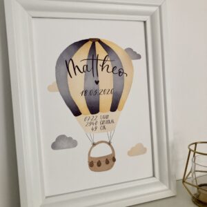 personalisierbares Geburtsbild mit indigo dunkelgelben Heißluftballon A4 im Bilderrahmen, Detailaufnahme