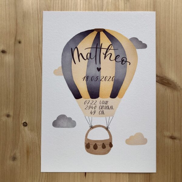 personalisierbares Geburtsbild mit indigo dunkelgelben Heißluftballon A4