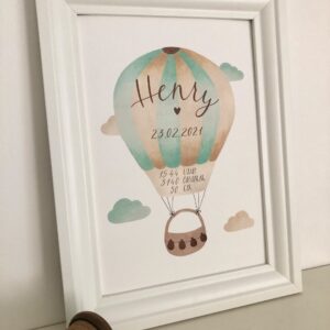 personalisierbares Geburtsbild mit mint braunen Heißluftballon A4 im Bilderrahmen, Detailaufnahme