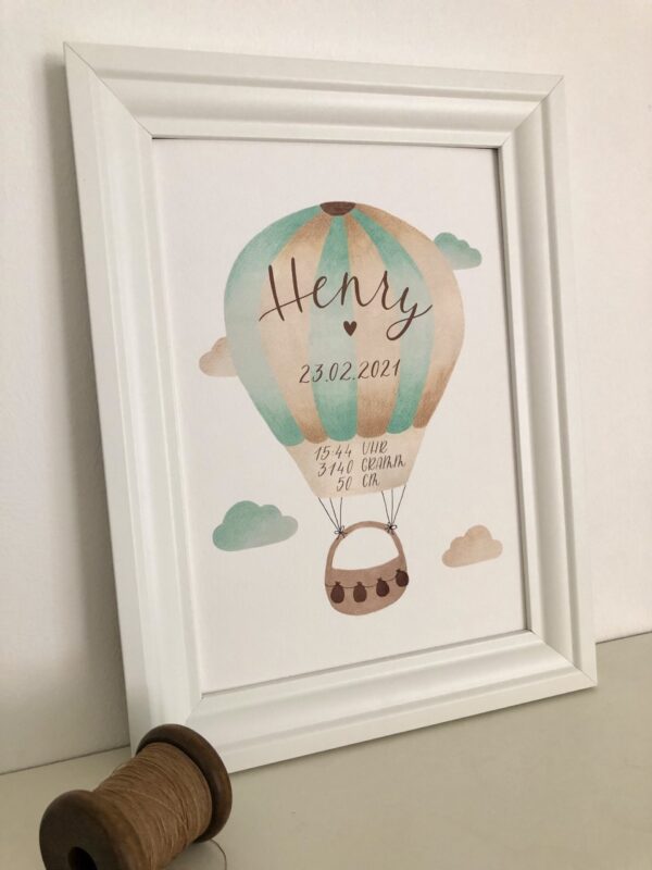 personalisierbares Geburtsbild mit mint braunen Heißluftballon A4 im Bilderrahmen, Detailaufnahme