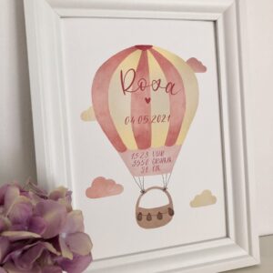 personalisierbares Geburtsbild mit rosa gelben Heißluftballon A4 im Bilderrahmen, Detailaufnahme