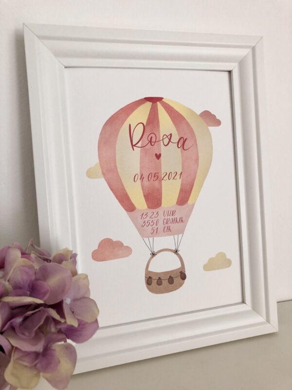 personalisierbares Geburtsbild mit rosa gelben Heißluftballon A4 im Bilderrahmen, Detailaufnahme