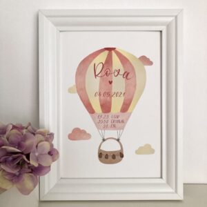personalisierbares Geburtsbild mit rosa gelben Heißluftballon A4 im Bilderrahmen