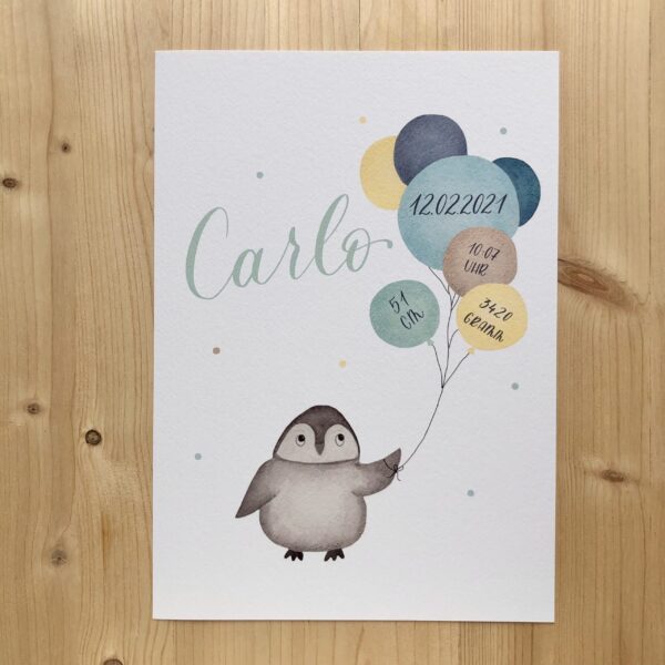 personalisierbares Geburtsbild mit Pinguin und blau gelben Luftballons A4