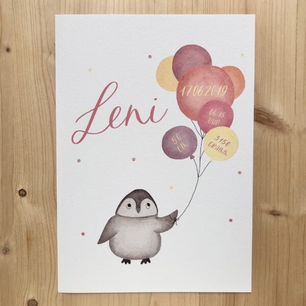 personalisierbares Geburtsbild mit Pinguin und rosa gelben Luftballons A4
