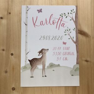 personalisierbares Geburtsbild mit Reh im Wald in A4