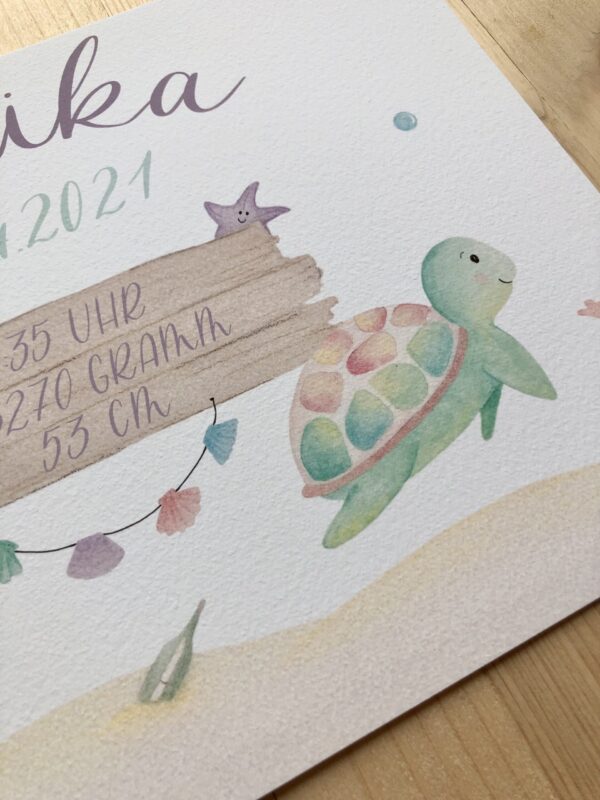 personalisierbares Geburtsbild mit dem Thema Unterwasserwelt, Detailaufnahme von hochwertigem Papier